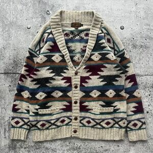 Vintage Eddie Bauer Sweater Mens XL Beige Southwestern Cardigan Wool Blend Shawl